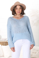 Connie Jumper - Open Knit V Neck Jumper in Blue