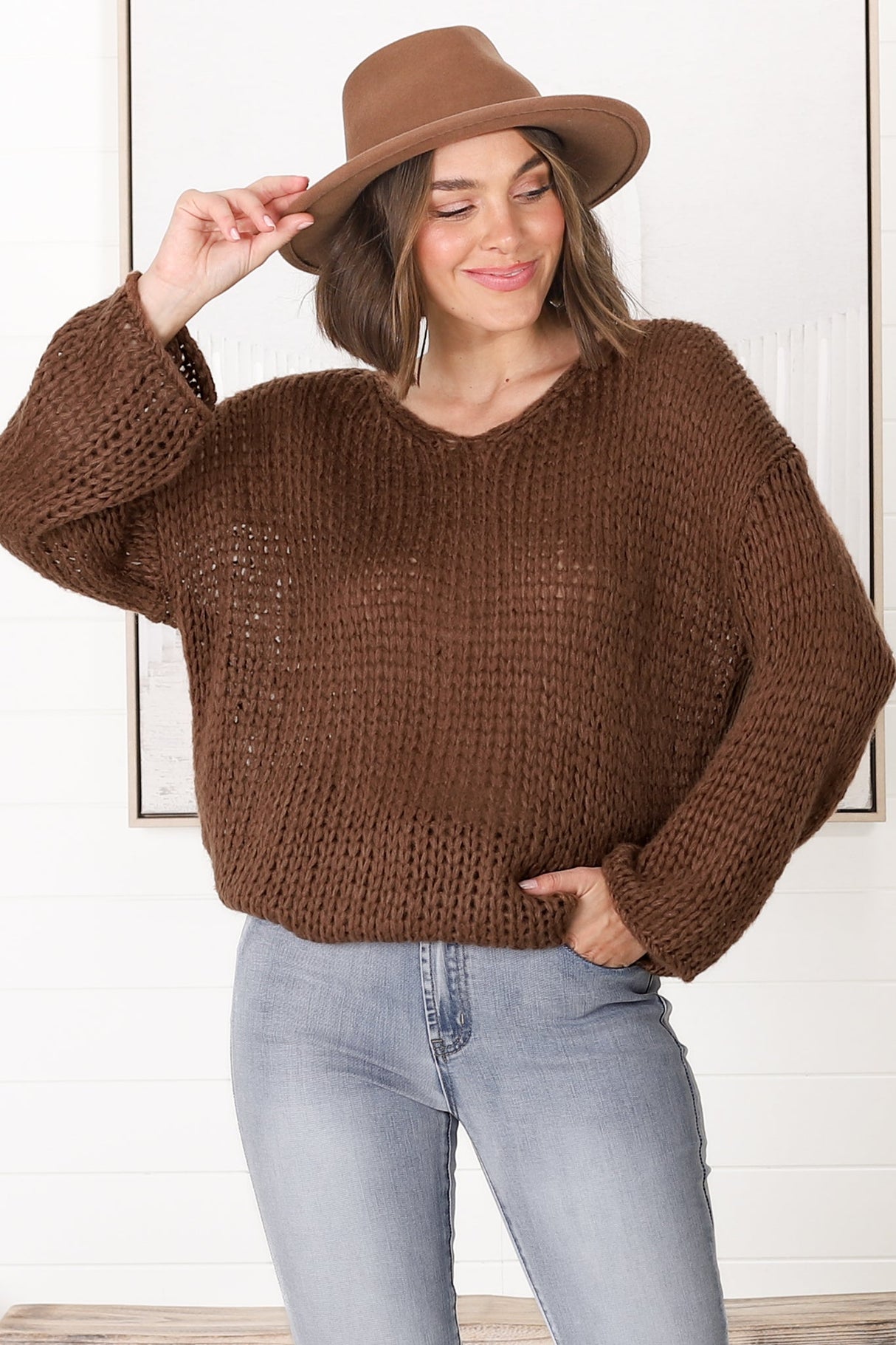 Connie Jumper - Open Knit V Neck Jumper in Chocolate