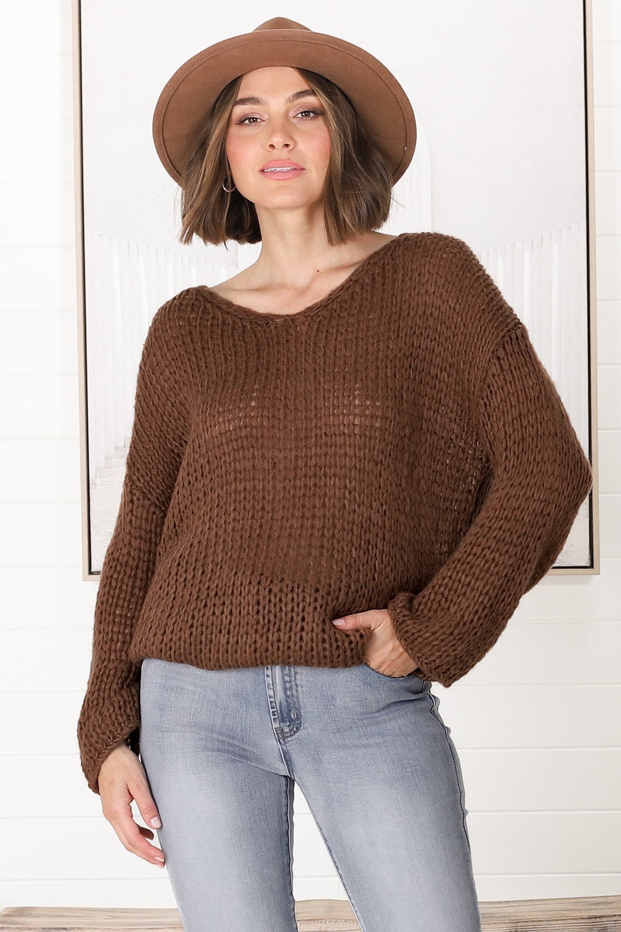 Connie Jumper - Open Knit V Neck Jumper in Chocolate