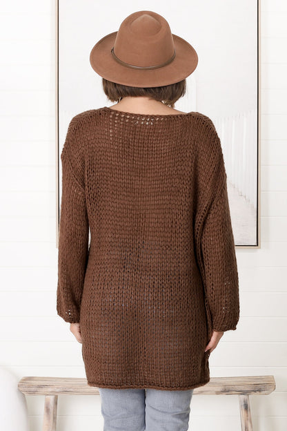 Connie Jumper - Open Knit V Neck Jumper in Chocolate