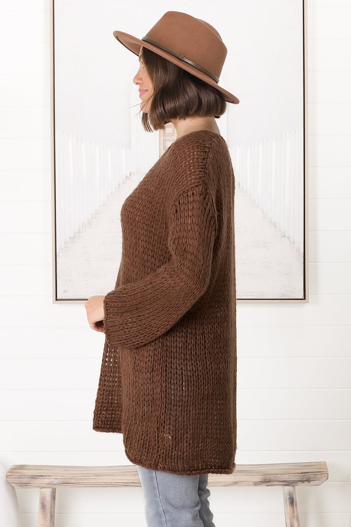 Connie Jumper - Open Knit V Neck Jumper in Chocolate