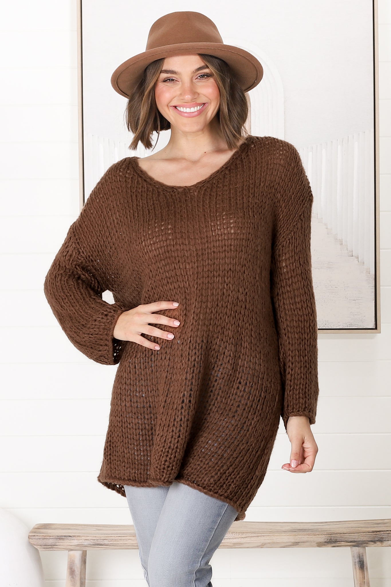 Connie Jumper - Open Knit V Neck Jumper in Chocolate