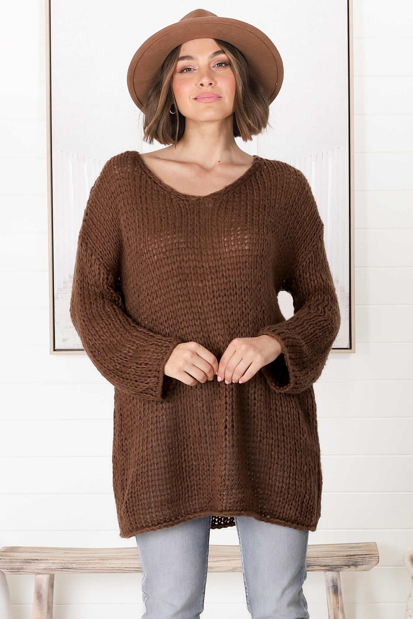 Connie Jumper - Open Knit V Neck Jumper in Chocolate