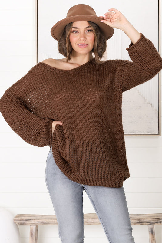 Connie Jumper - Open Knit V Neck Jumper in Chocolate