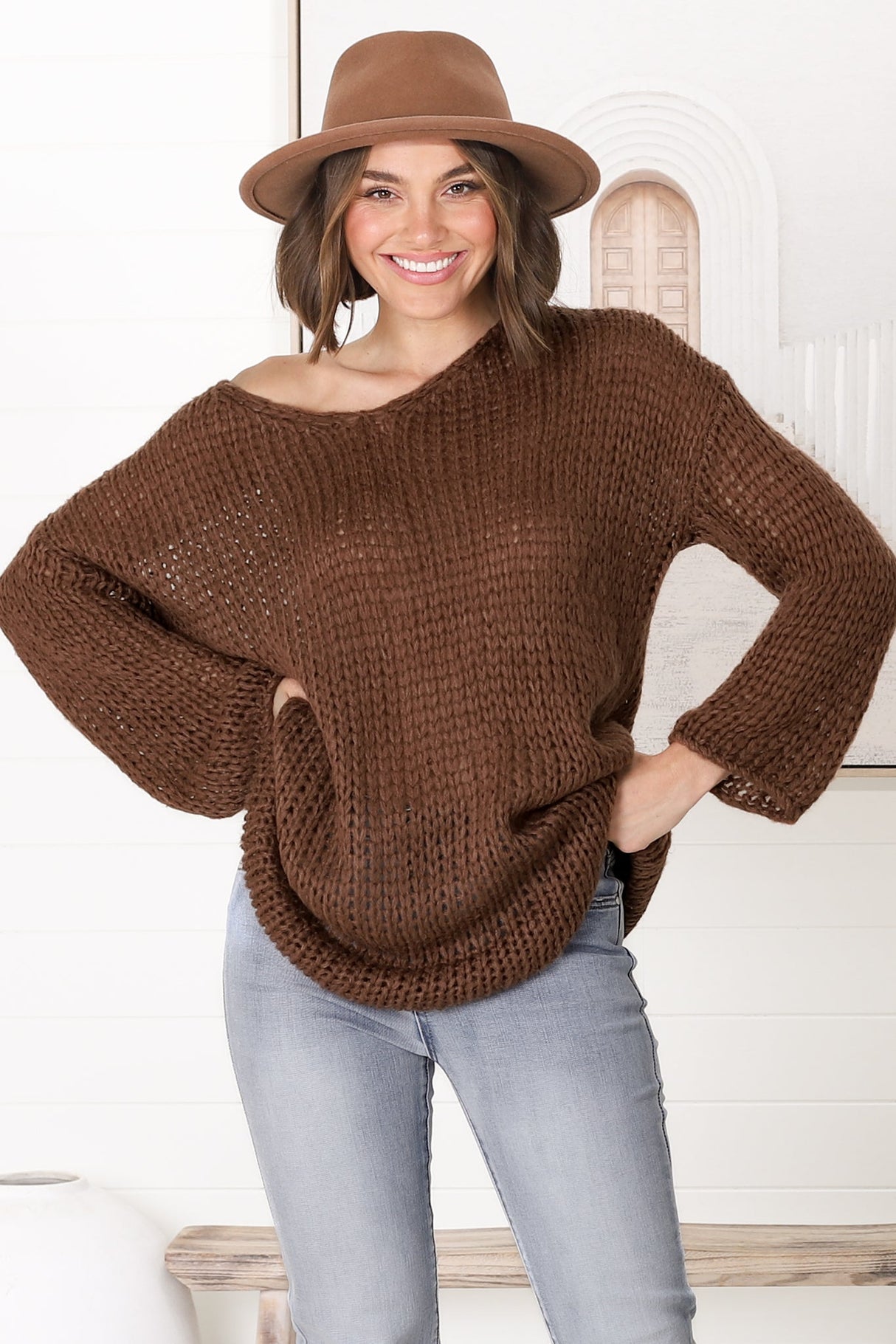 Connie Jumper - Open Knit V Neck Jumper in Chocolate