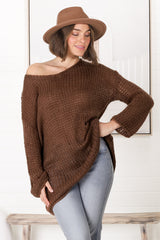 Connie Jumper - Open Knit V Neck Jumper in Chocolate