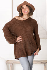 Connie Jumper - Open Knit V Neck Jumper in Chocolate