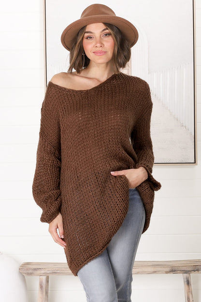 Connie Jumper - Open Knit V Neck Jumper in Chocolate