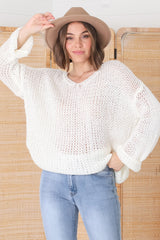 Connie Jumper - Open Knit V Neck Jumper in Cream