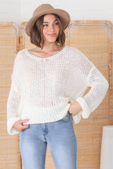 Connie Jumper - Open Knit V Neck Jumper in Cream