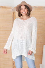 Connie Jumper - Open Knit V Neck Jumper in Cream