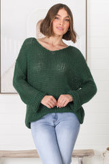 Connie Jumper - Open Knit V Neck Jumper in Dark Green