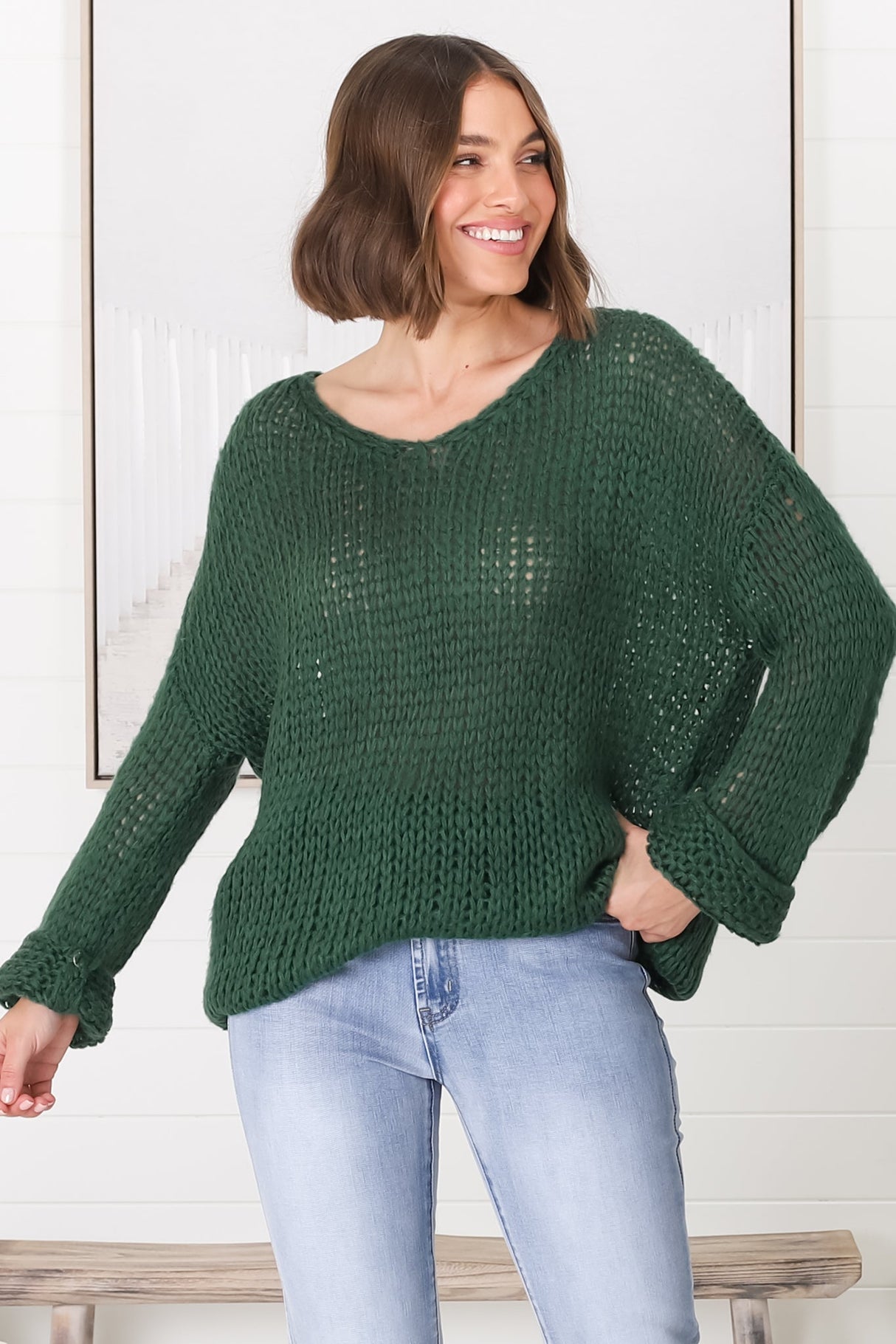 Connie Jumper - Open Knit V Neck Jumper in Dark Green