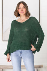 Connie Jumper - Open Knit V Neck Jumper in Dark Green