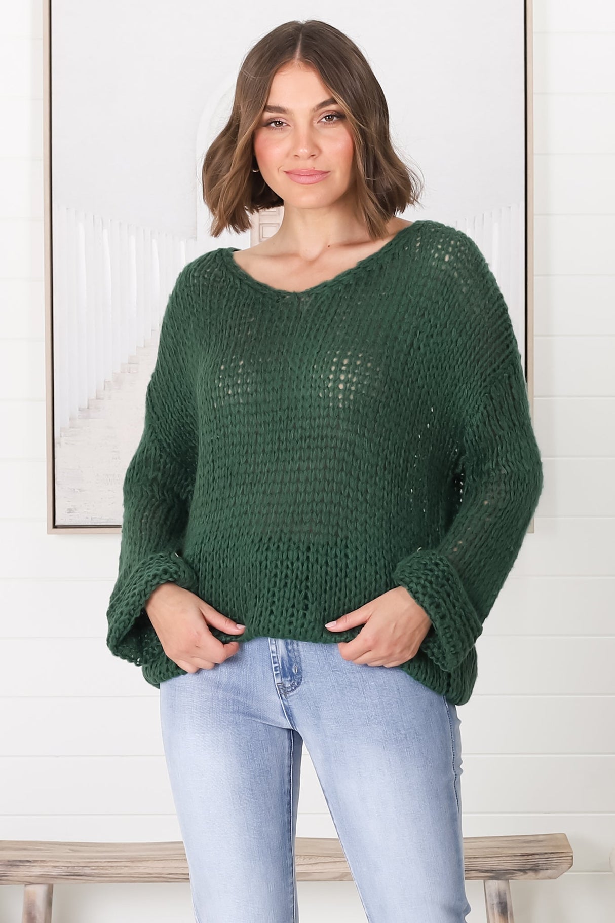 Connie Jumper - Open Knit V Neck Jumper in Dark Green