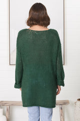 Connie Jumper - Open Knit V Neck Jumper in Dark Green