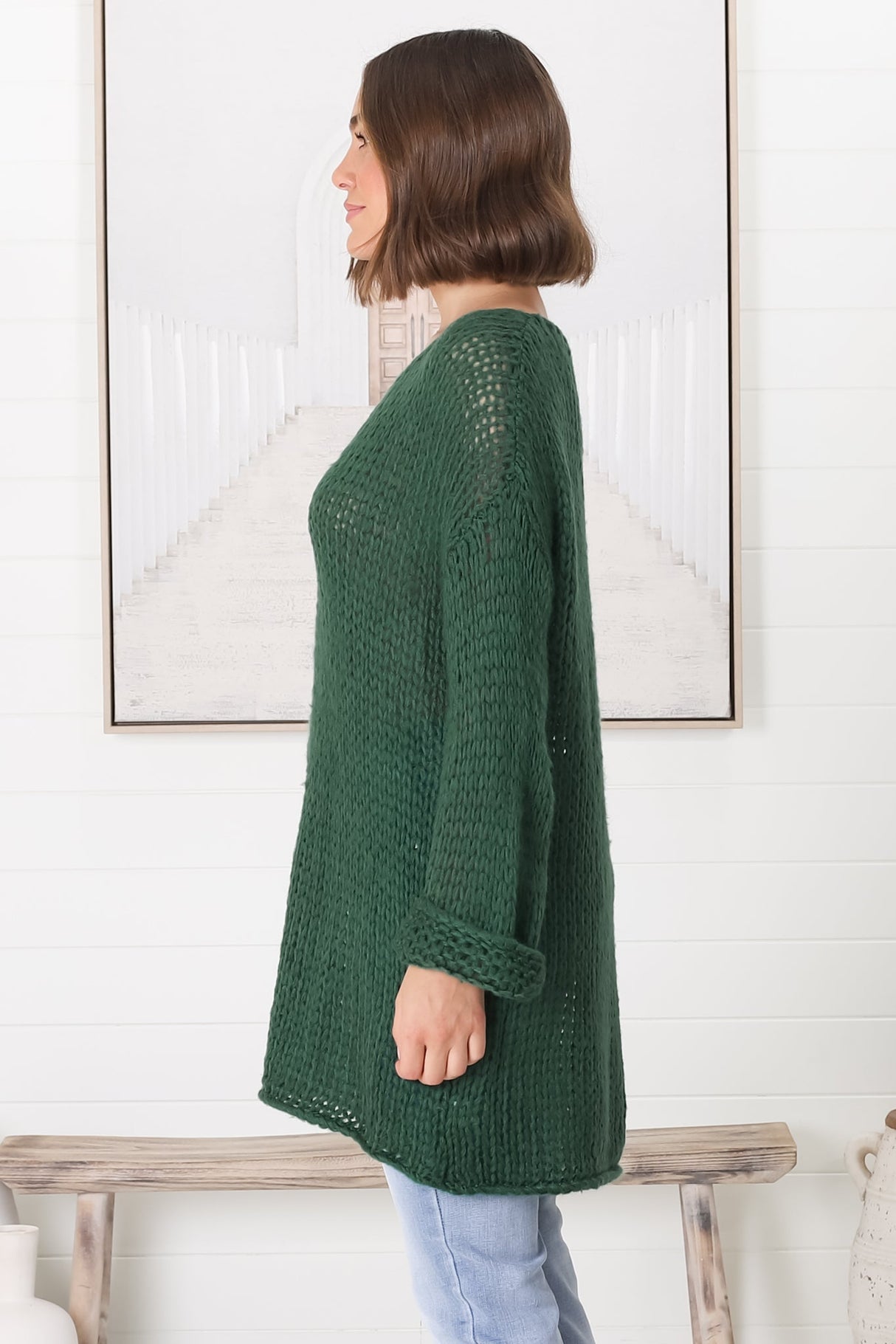 Connie Jumper - Open Knit V Neck Jumper in Dark Green