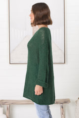 Connie Jumper - Open Knit V Neck Jumper in Dark Green