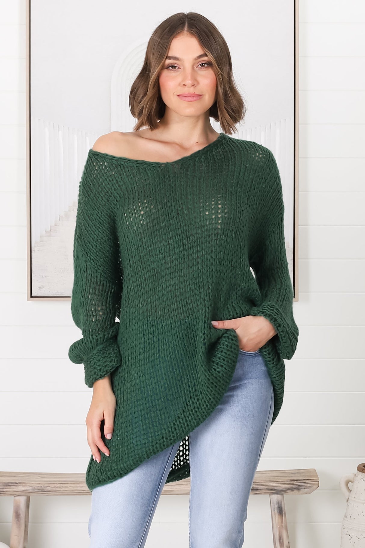 Connie Jumper - Open Knit V Neck Jumper in Dark Green