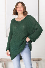 Connie Jumper - Open Knit V Neck Jumper in Dark Green