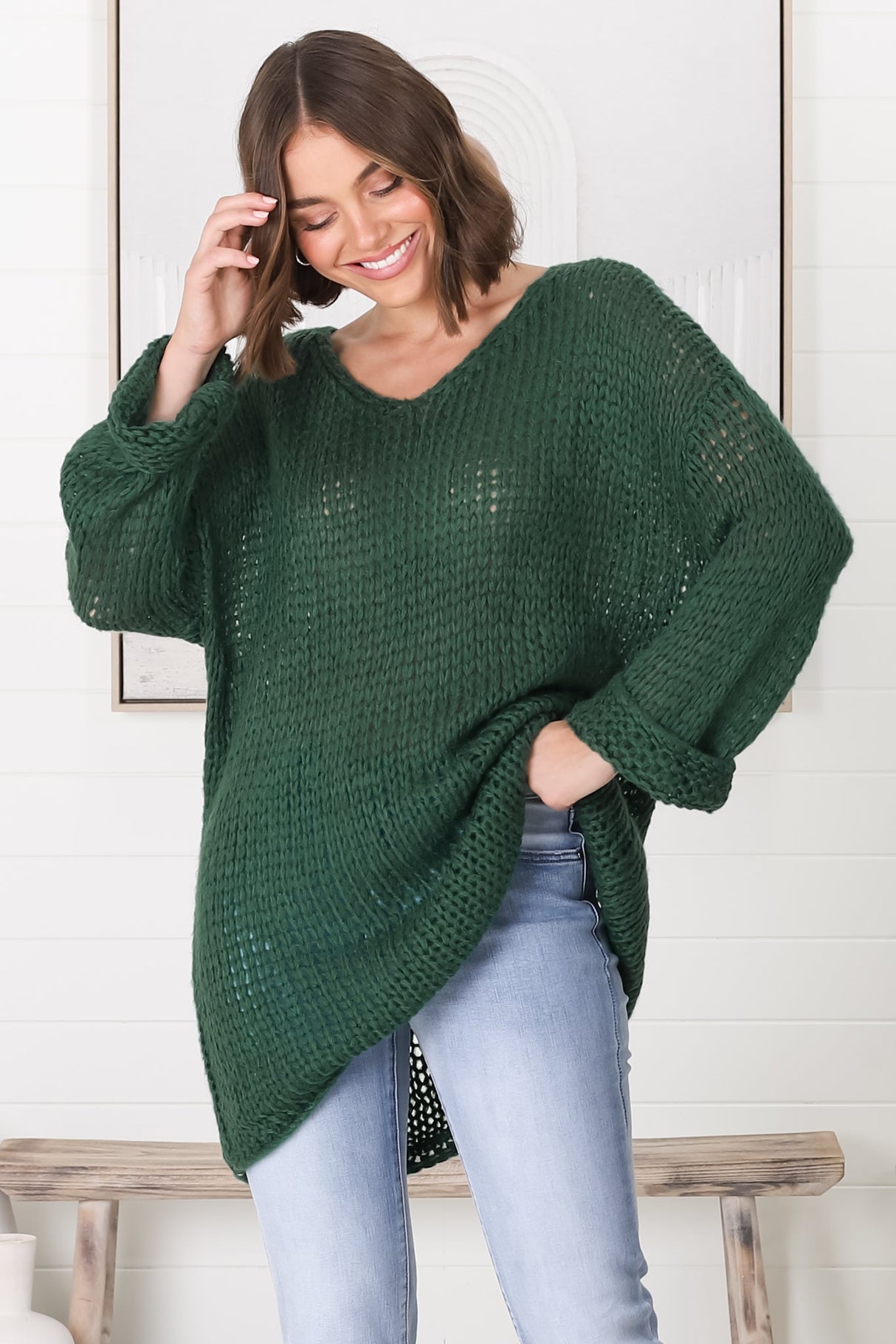 Connie Jumper - Open Knit V Neck Jumper in Dark Green