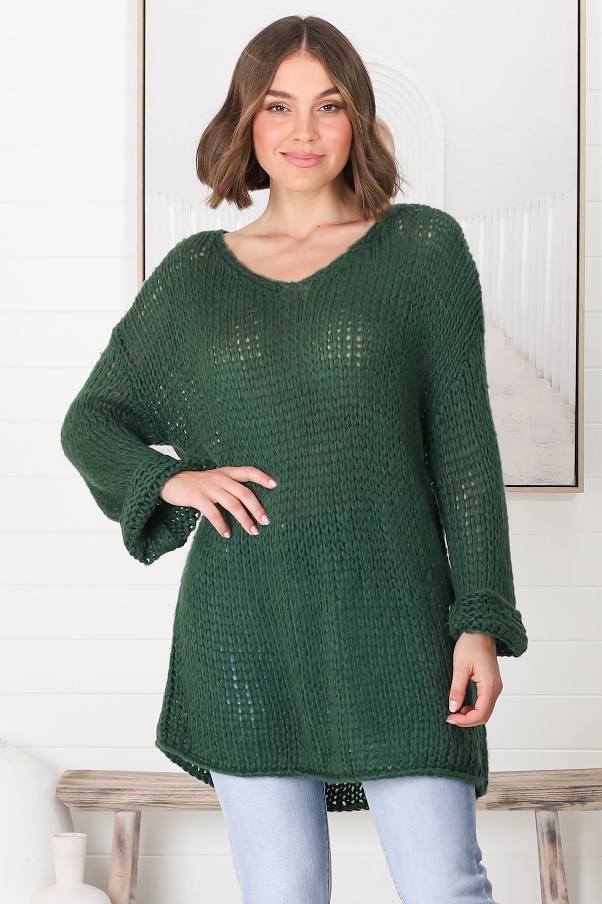 Connie Jumper - Open Knit V Neck Jumper in Dark Green