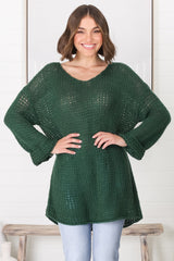 Connie Jumper - Open Knit V Neck Jumper in Dark Green