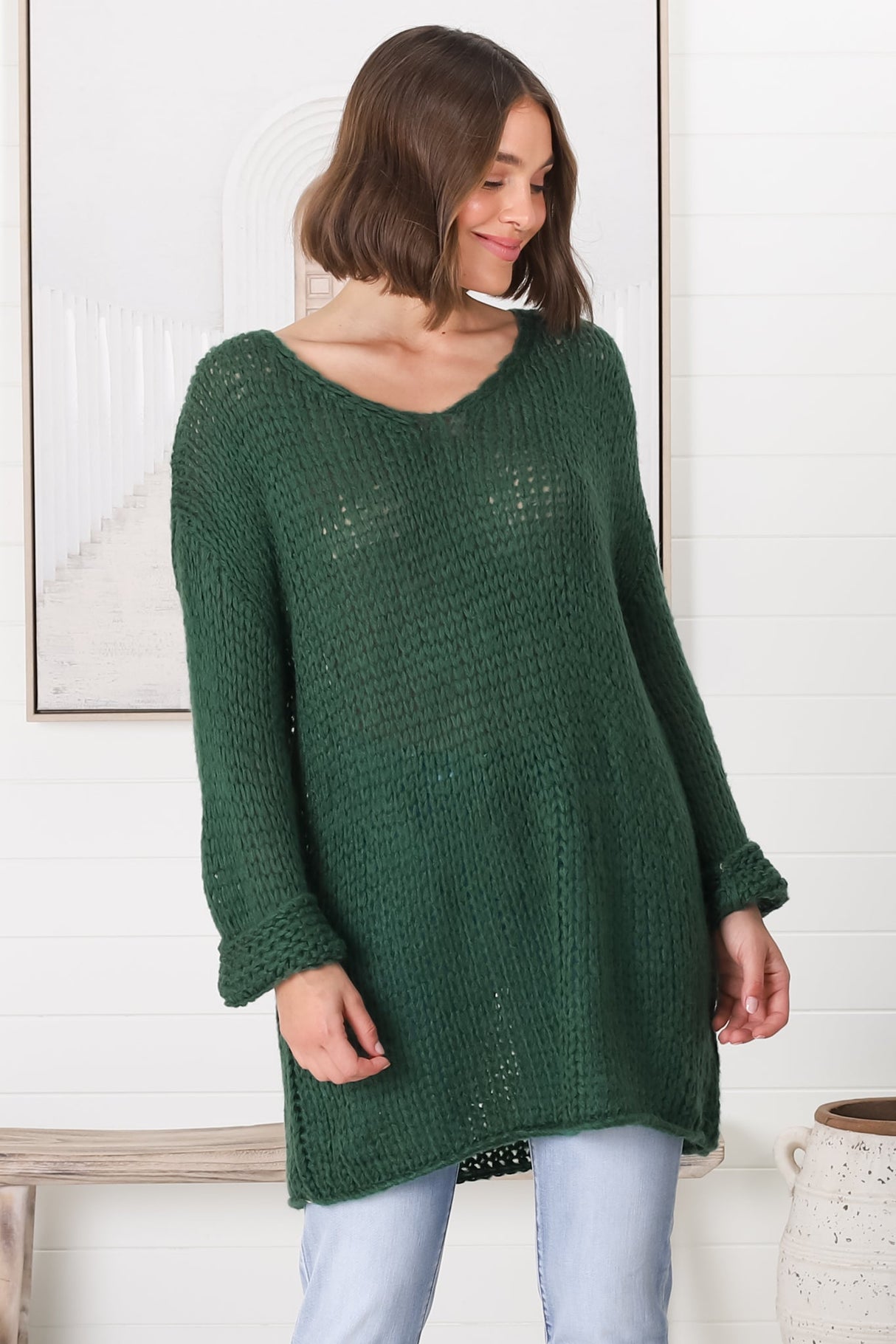 Connie Jumper - Open Knit V Neck Jumper in Dark Green