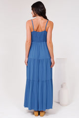 Constantine Maxi Dress - Bow Tie Bust Tiered Sun Dress with Pockets in Blue