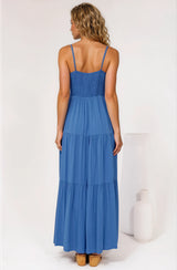 Constantine Maxi Dress - Bow Tie Bust Tiered Sun Dress with Pockets in Blue