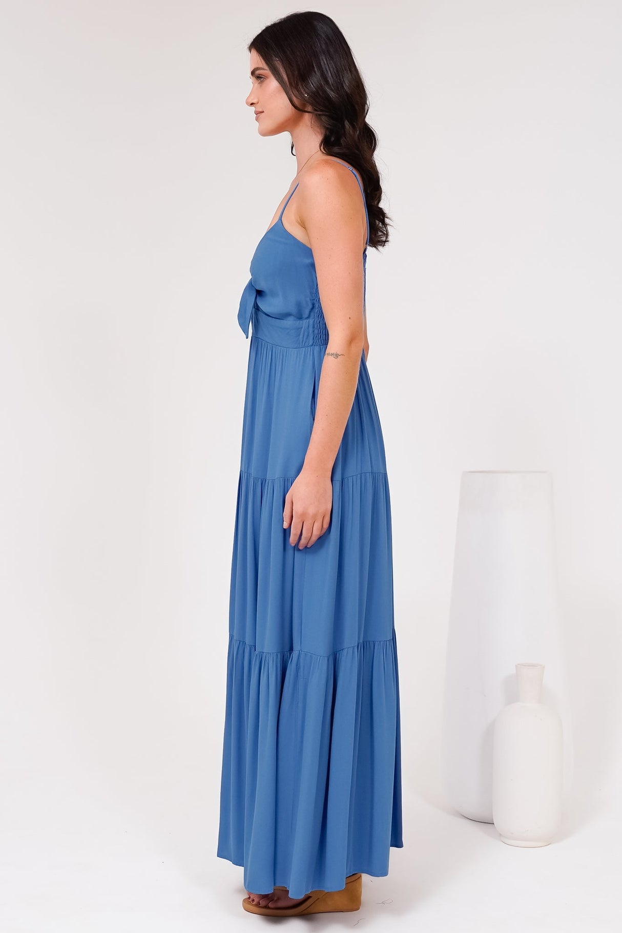 Constantine Maxi Dress - Bow Tie Bust Tiered Sun Dress with Pockets in Blue