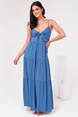 Constantine Maxi Dress - Bow Tie Bust Tiered Sun Dress with Pockets in Blue
