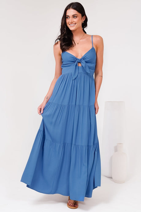 Constantine Maxi Dress - Bow Tie Bust Tiered Sun Dress with Pockets in Blue