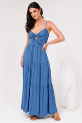 Constantine Maxi Dress - Bow Tie Bust Tiered Sun Dress with Pockets in Blue