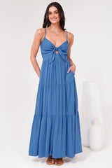 Constantine Maxi Dress - Bow Tie Bust Tiered Sun Dress with Pockets in Blue
