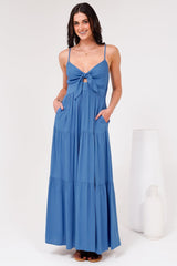 Constantine Maxi Dress - Bow Tie Bust Tiered Sun Dress with Pockets in Blue