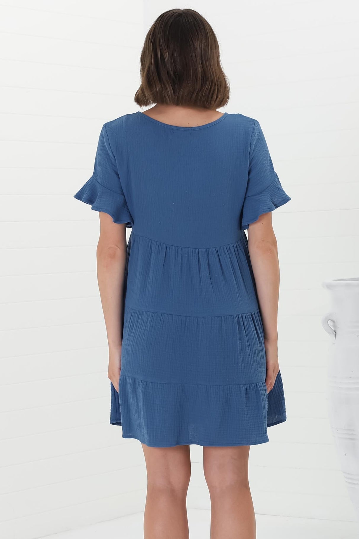 Cora Mini Dress - Cheesecloth Cotton Tiered Smock Dress with Frill Sleeves in Blue