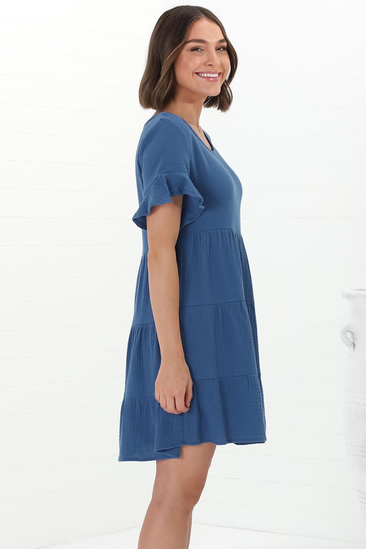 Cora Mini Dress - Cheesecloth Cotton Tiered Smock Dress with Frill Sleeves in Blue