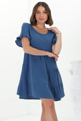 Cora Mini Dress - Cheesecloth Cotton Tiered Smock Dress with Frill Sleeves in Blue