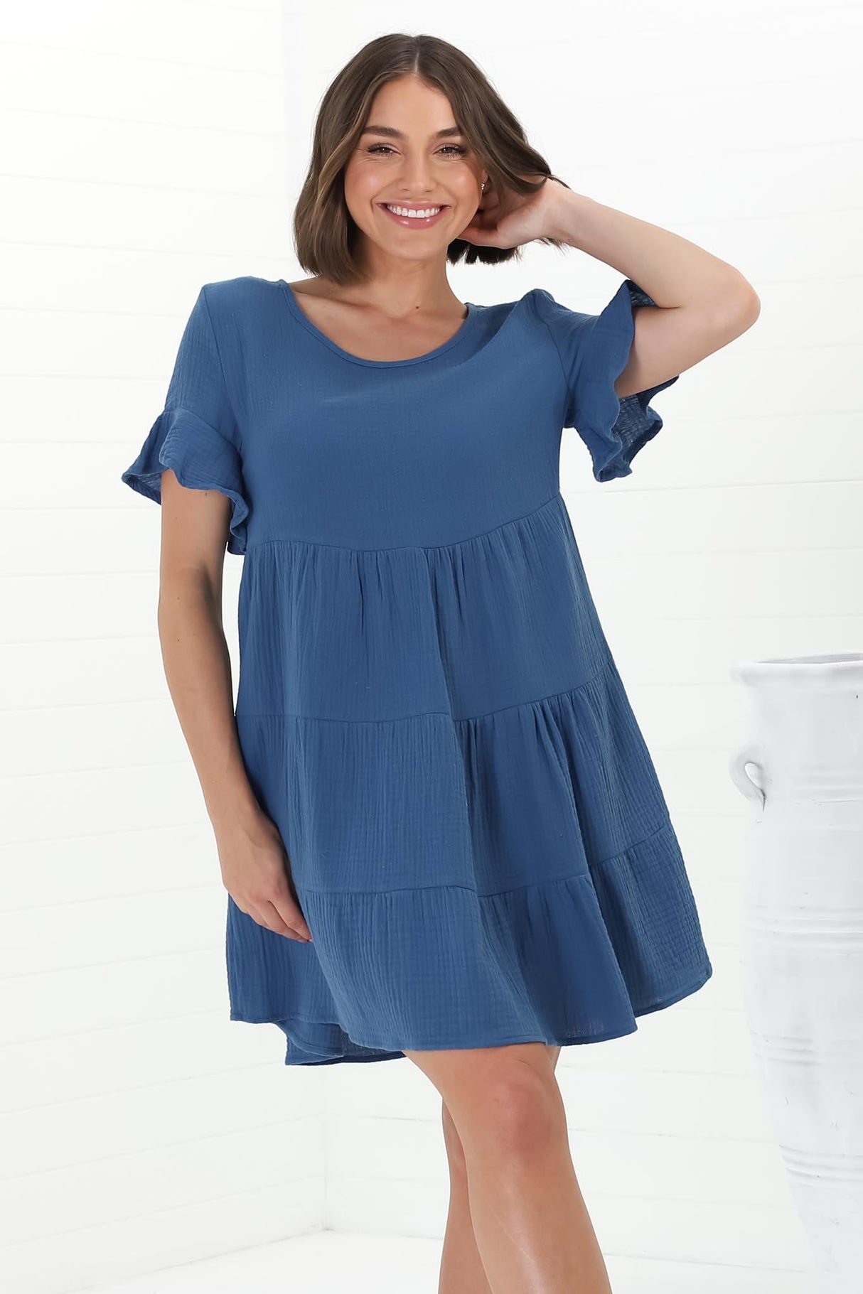 Cora Mini Dress - Cheesecloth Cotton Tiered Smock Dress with Frill Sleeves in Blue