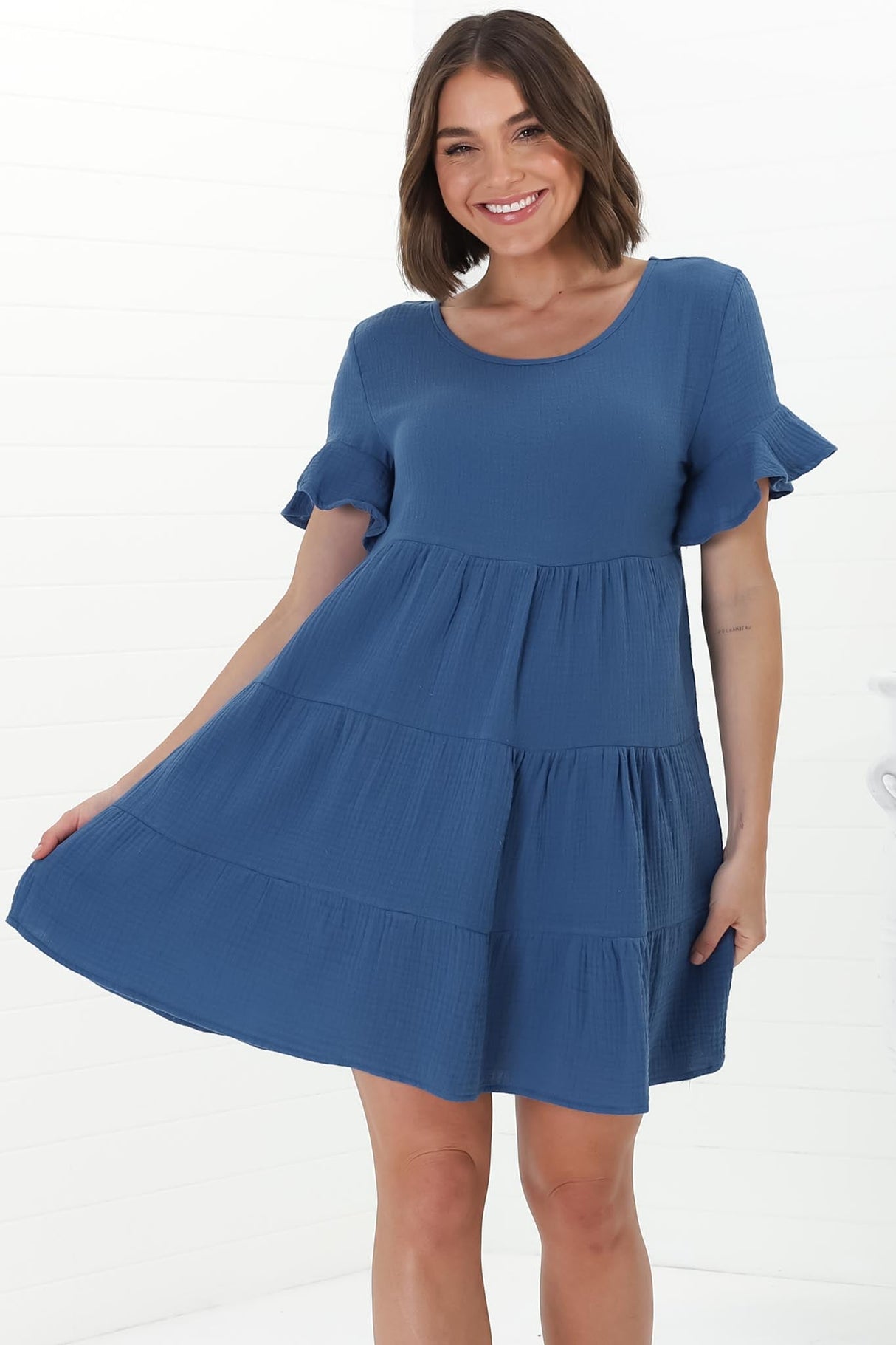 Cora Mini Dress - Cheesecloth Cotton Tiered Smock Dress with Frill Sleeves in Blue