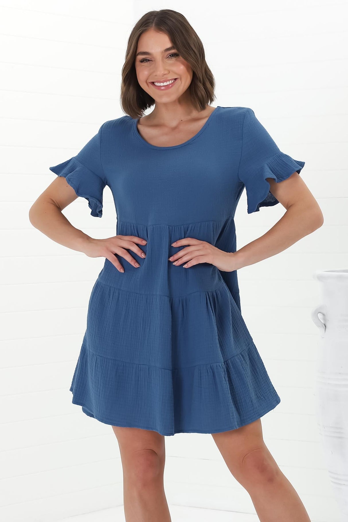 Cora Mini Dress - Cheesecloth Cotton Tiered Smock Dress with Frill Sleeves in Blue