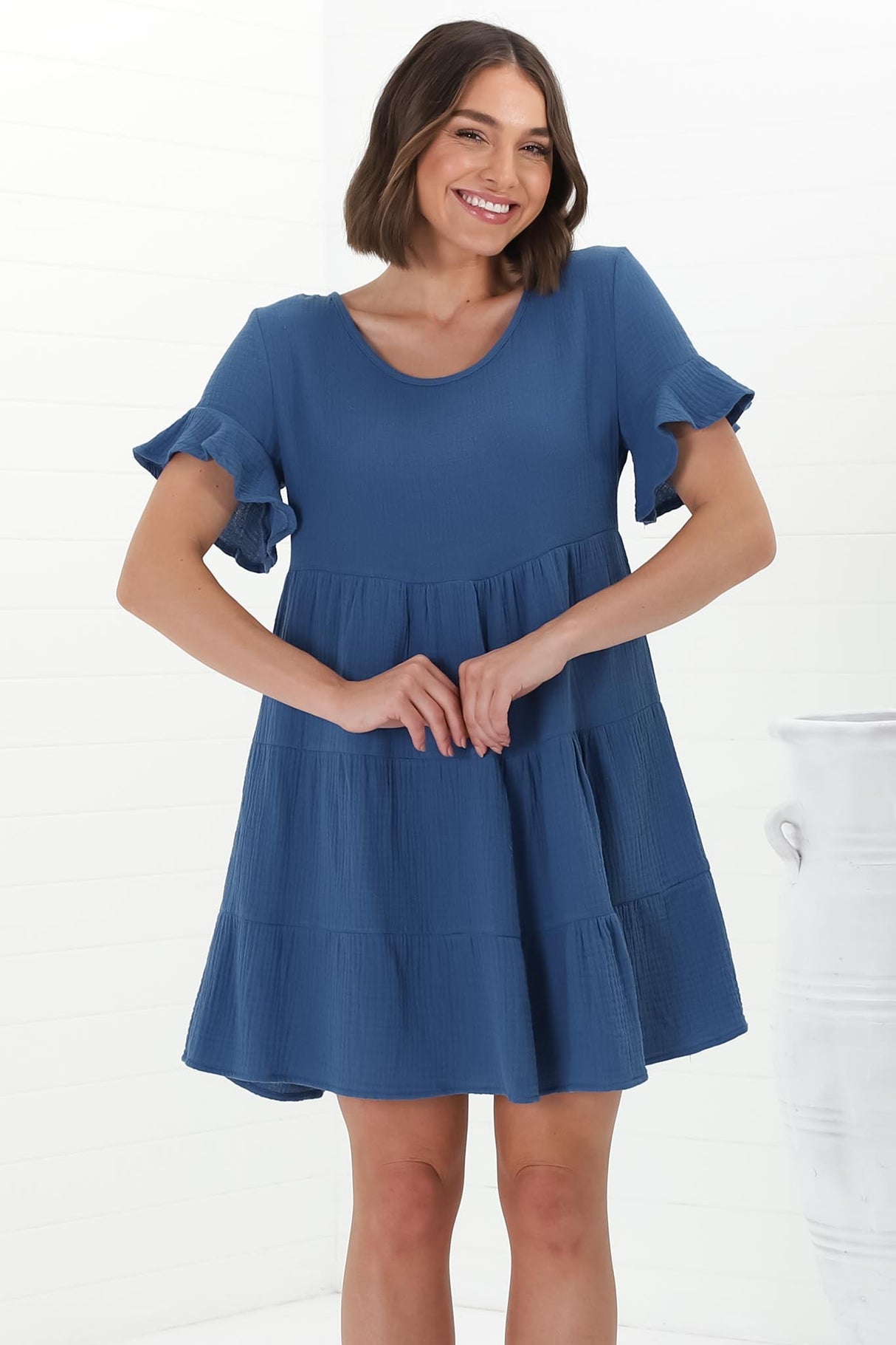 Cora Mini Dress - Cheesecloth Cotton Tiered Smock Dress with Frill Sleeves in Blue