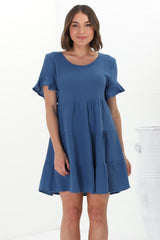 Cora Mini Dress - Cheesecloth Cotton Tiered Smock Dress with Frill Sleeves in Blue