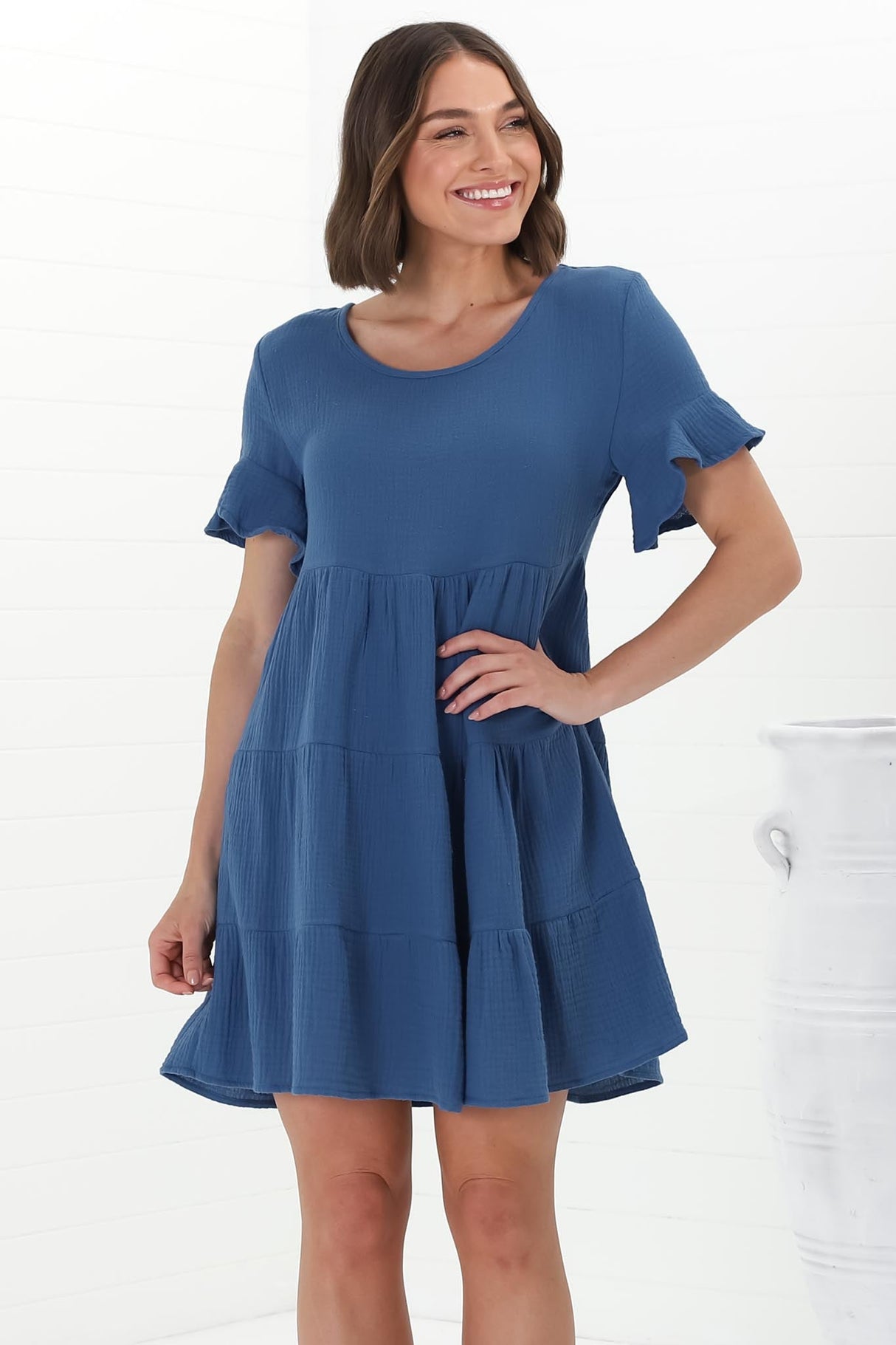 Cora Mini Dress - Cheesecloth Cotton Tiered Smock Dress with Frill Sleeves in Blue