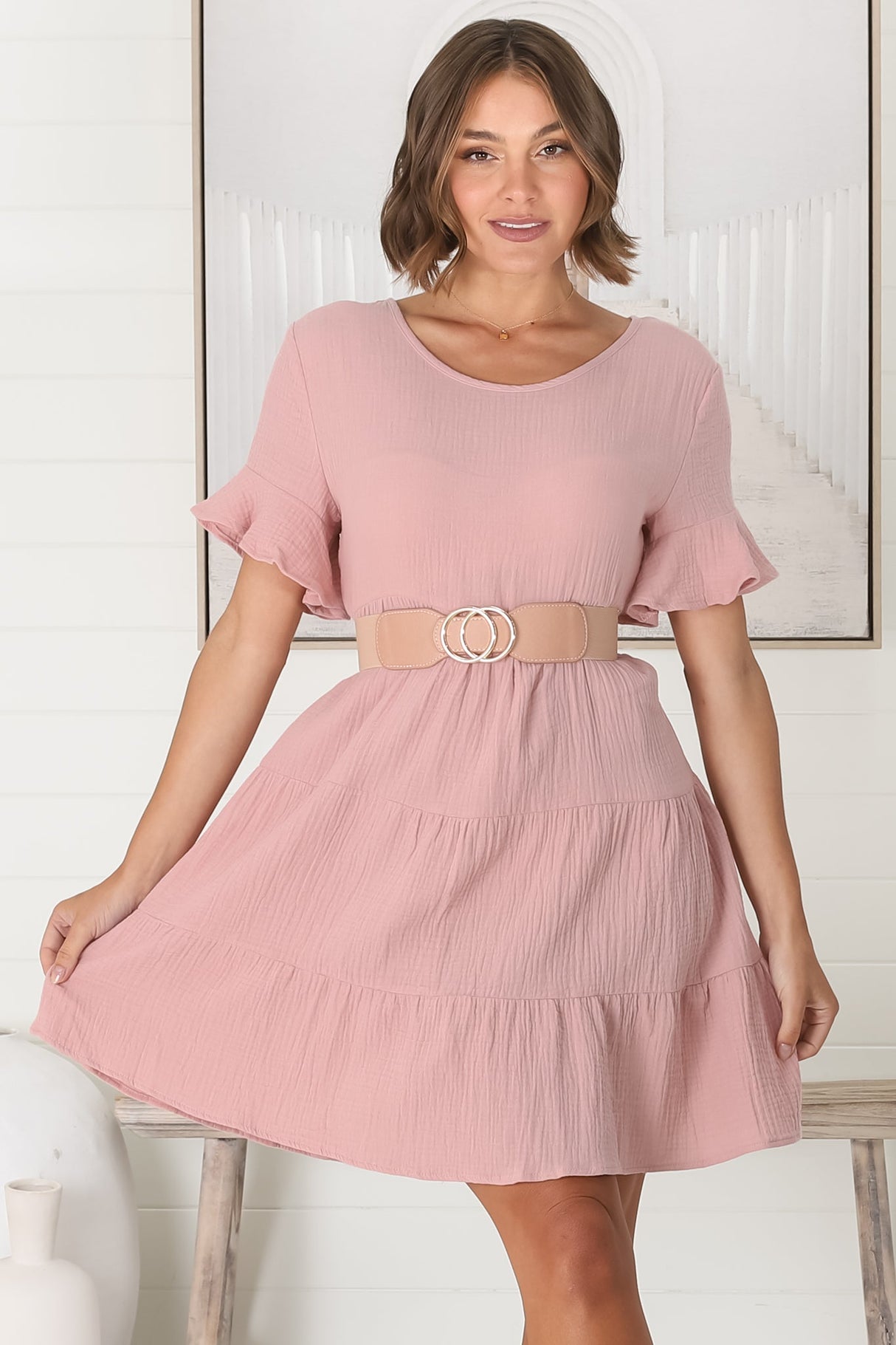 Cora Mini Dress - Cheesecloth Cotton Tiered Smock Dress with Frill Sleeves in Blush