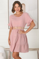 Cora Mini Dress - Cheesecloth Cotton Tiered Smock Dress with Frill Sleeves in Blush