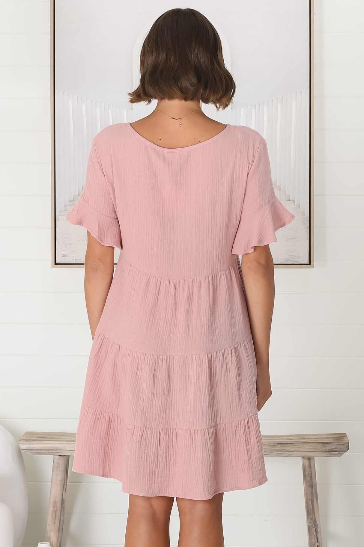 Cora Mini Dress - Cheesecloth Cotton Tiered Smock Dress with Frill Sleeves in Blush