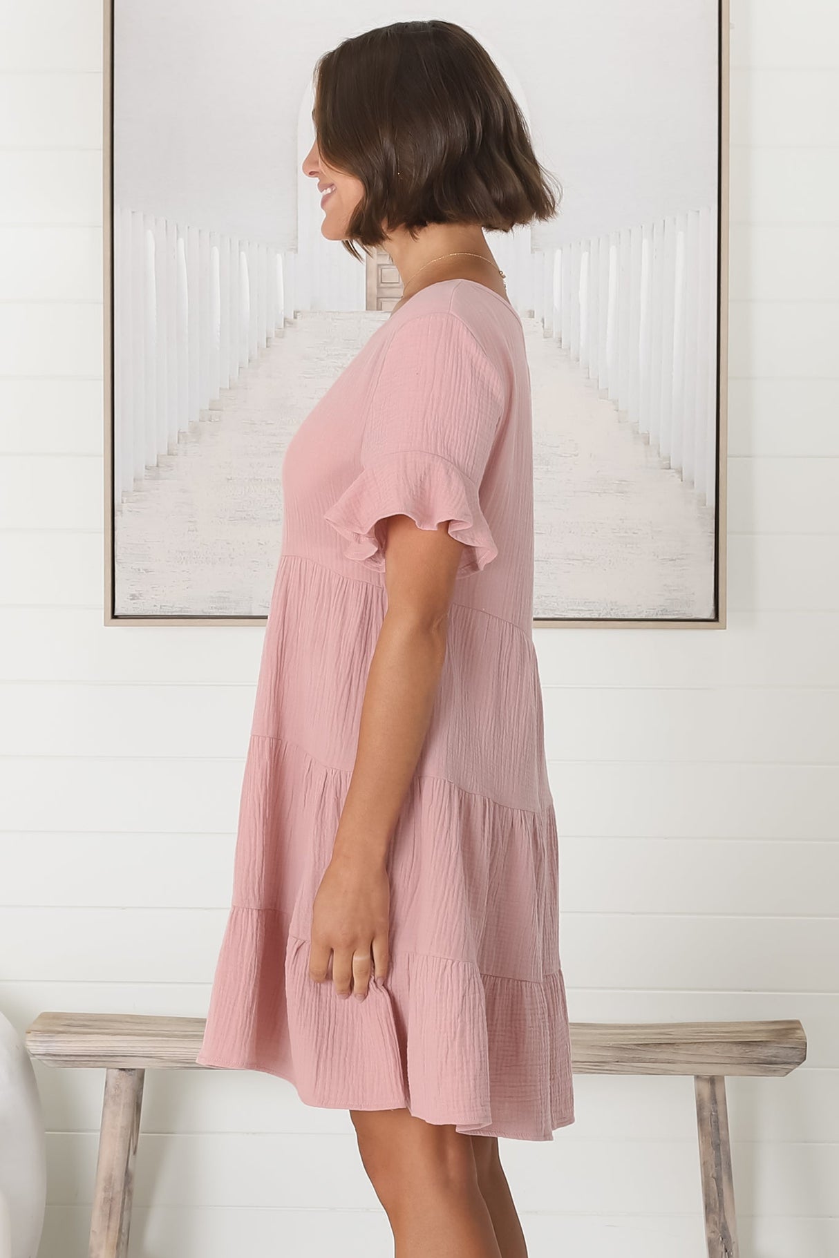 Cora Mini Dress - Cheesecloth Cotton Tiered Smock Dress with Frill Sleeves in Blush