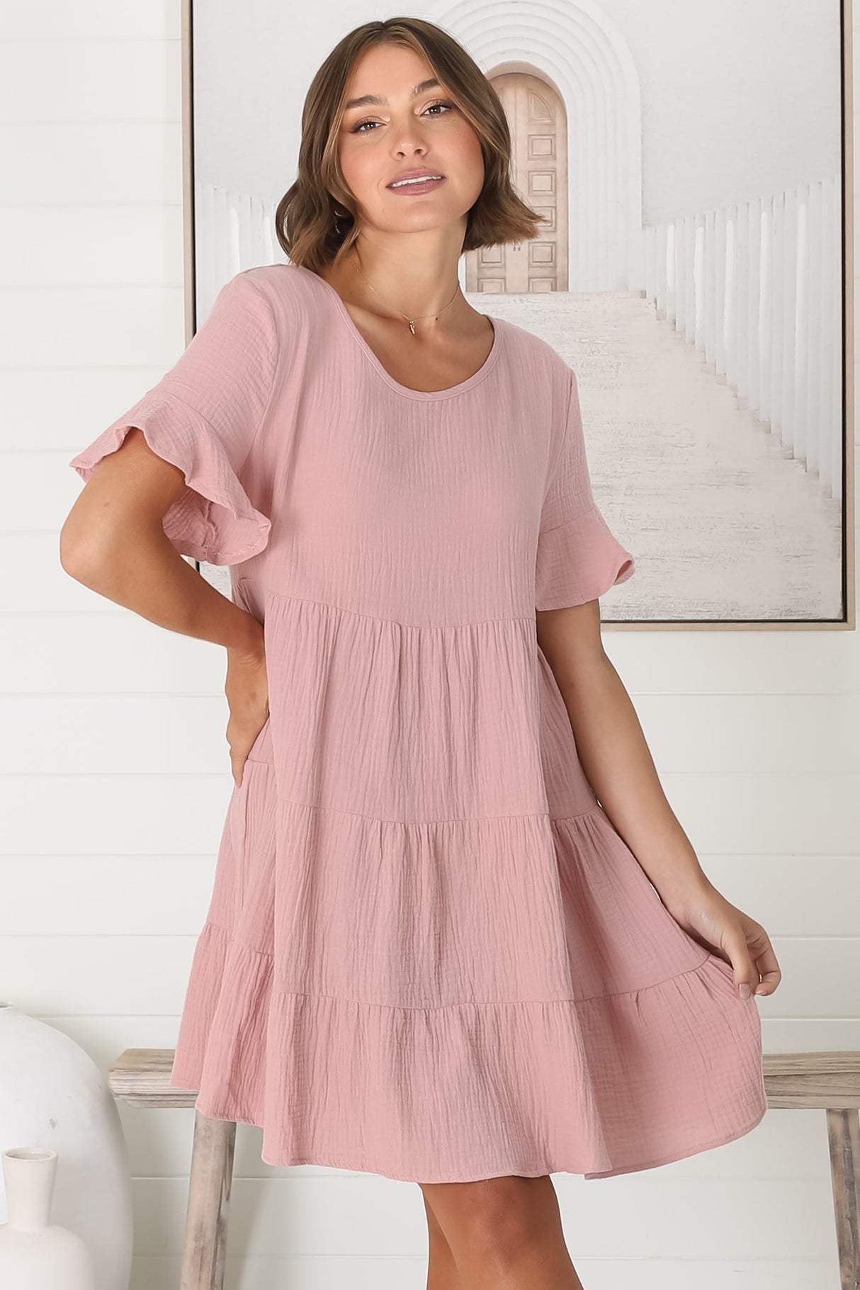 Cora Mini Dress - Cheesecloth Cotton Tiered Smock Dress with Frill Sleeves in Blush